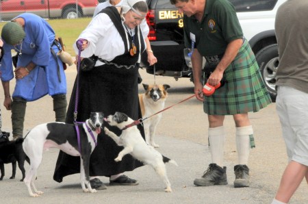 Contestants greet each other